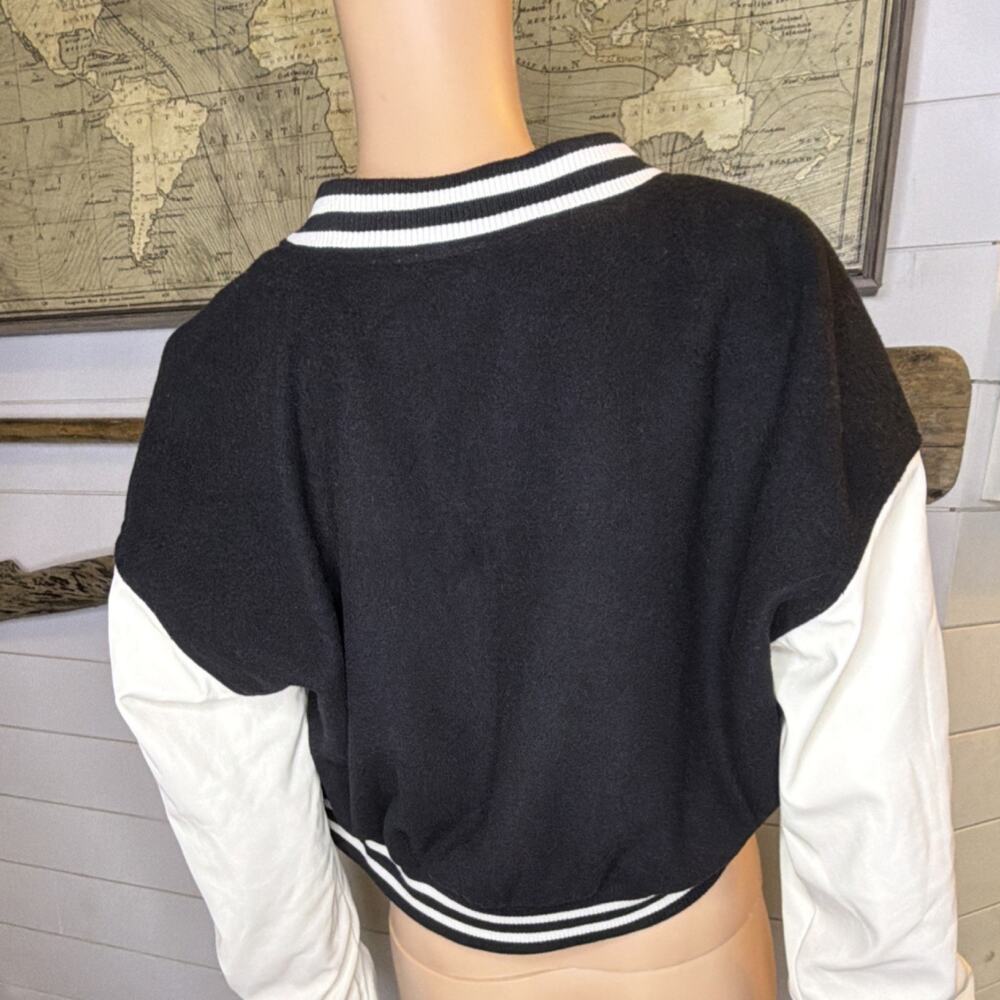 Love Tree Women's Black White Varsity Jacket Letter Striped Ribbing Snap Closure - Picture 6 of 7